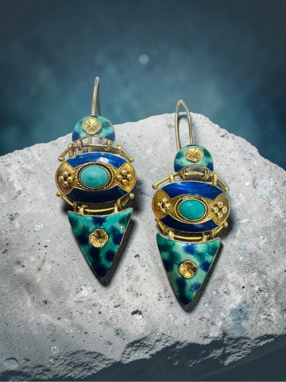 Vintage Shasi Thousand Flowers Gold & Sterling Silver Dangle Earrings w/Turquois
